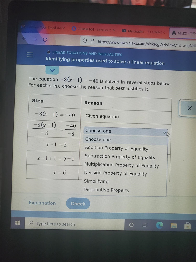 The equation -8(x-1) = -40 is solved in several steps below. For each step, choose-example-1