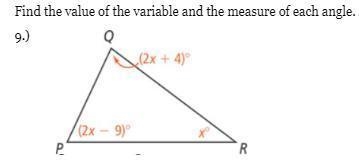 Find the value of the variable and the measure of each angle.-example-1