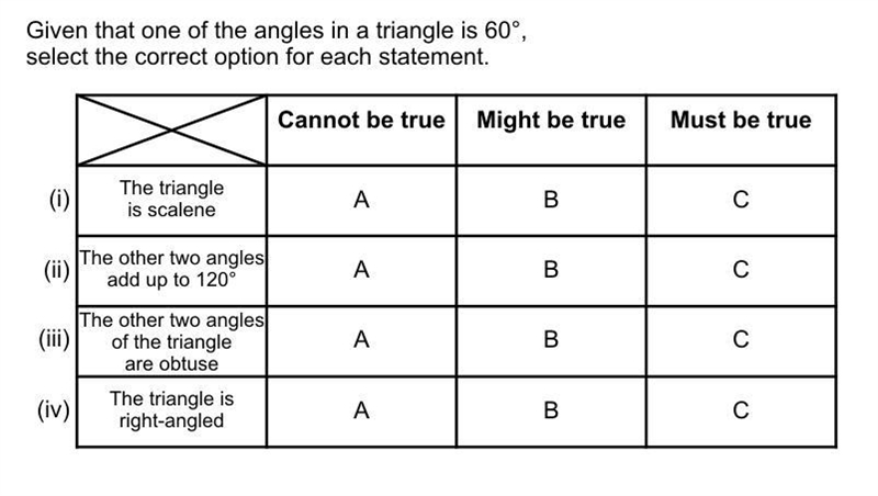 Given that one of the angles in a triangle is 60°, select the correct option for each-example-1