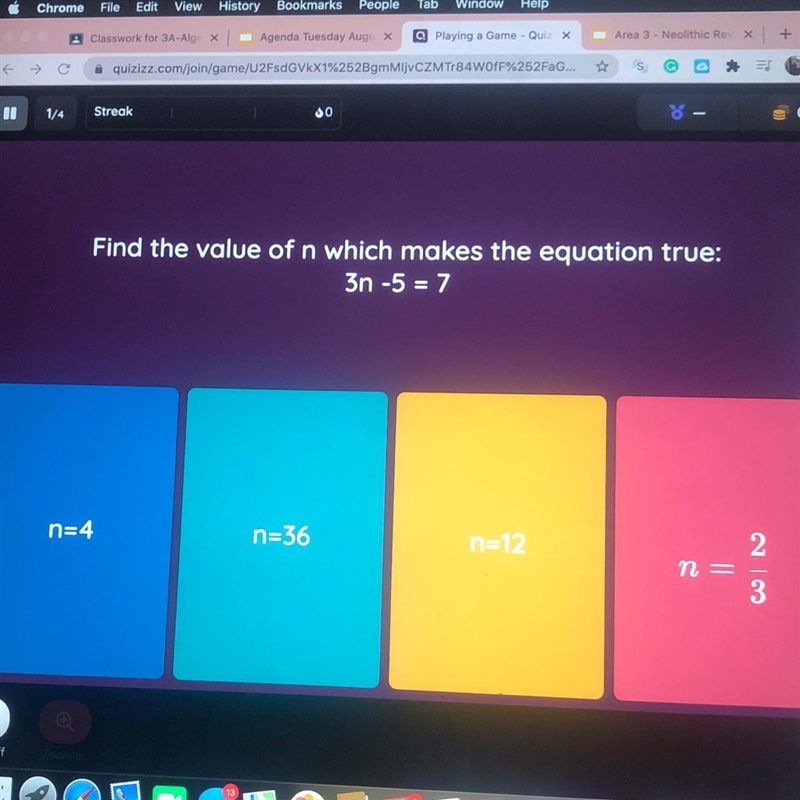 Find the value of n which makes the equation true:3n -5 = 7n=4n=36n=122n =3-example-1