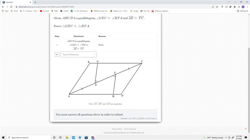 Given: ABCDis a parallelogram ∠GEC ≅ ∠HFA and AE ≅FC. Prove △GEC ≅ △HFA.-example-1