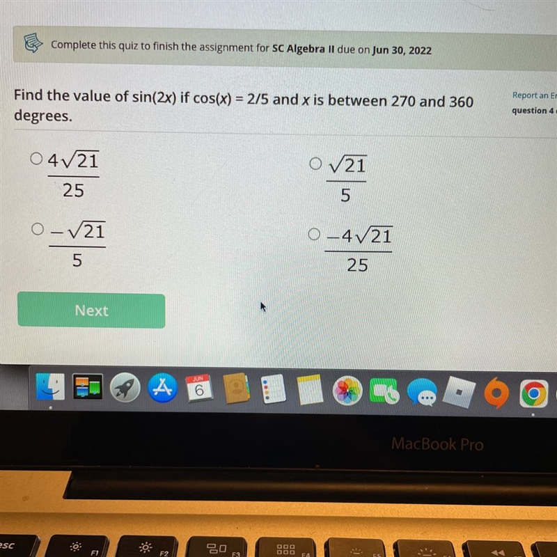 Find the value of sin(2x) if cos(x) = 2/5 and x is between 270 and 360degrees.-example-1