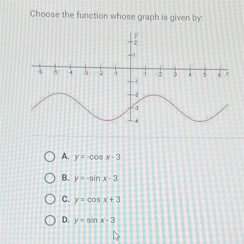 Choose the function whose graph is given by:O A. y=-cos X-3B. y=-sin x-3C. y = cos-example-1