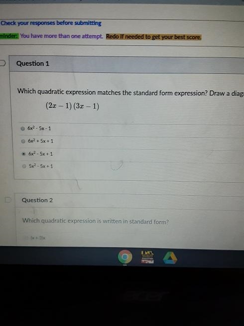 Which quadratic expression matches the standard form expression? D (2. – 1) (3x - 1) 6x-example-1