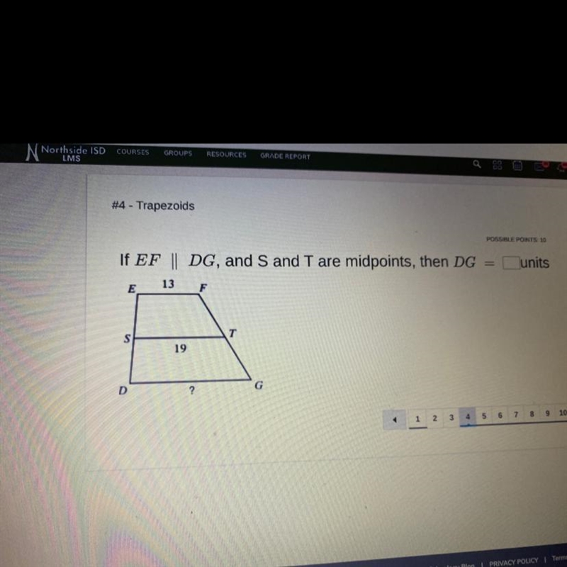 If EF || DG, and S and T are midpoints, then DG= ? Ef=13 ST=19-example-1