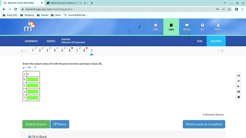 Enter the output values (Y) with the given function and input values (X).-example-1