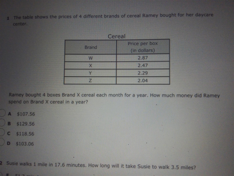 1 The table shows the prices of 4 different brands of cereal Ramey bought for her-example-1