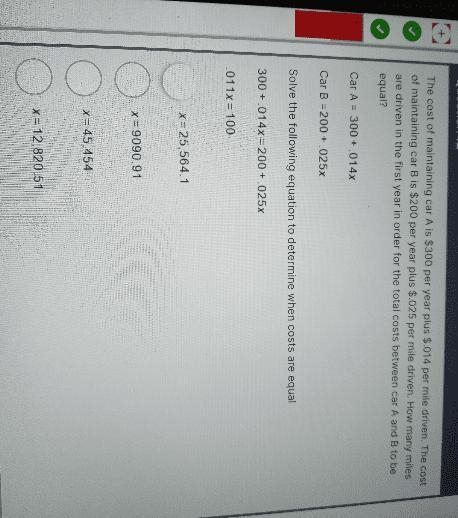 The cost of maintaining car A is $300 per year plus $.014 per mile driven. The cost-example-1
