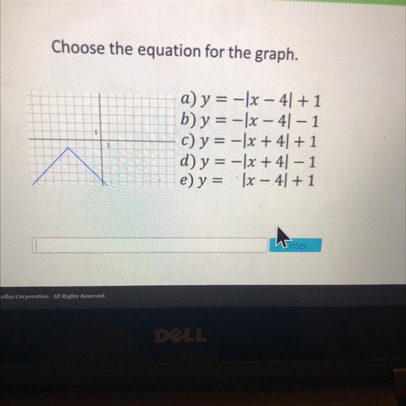 Choose the equation for the graph.1a) y = -1x – 41 + 1b) y = -1x – 41 - 1c) y = -x-example-1