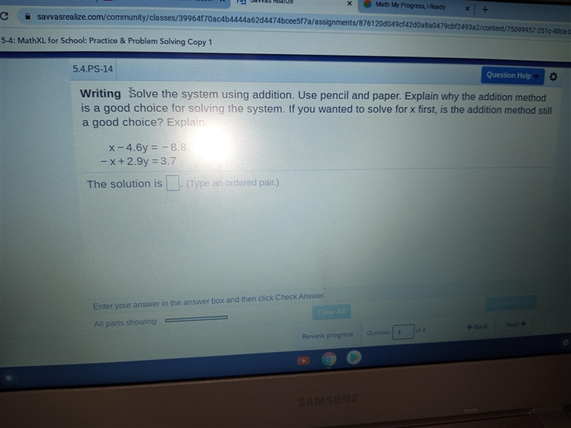 Solve the system using addition. Use pencil and paper. Explain why the addition method-example-1