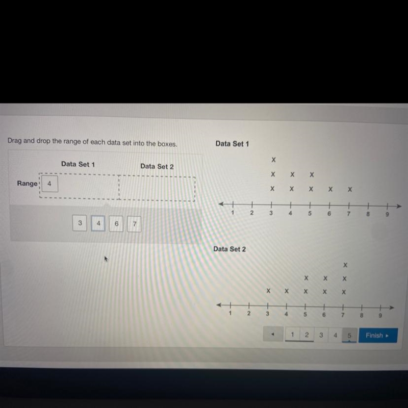 Drag and drop the range of each data set into the boxes.Data Set 1ХData Set 1Data-example-1