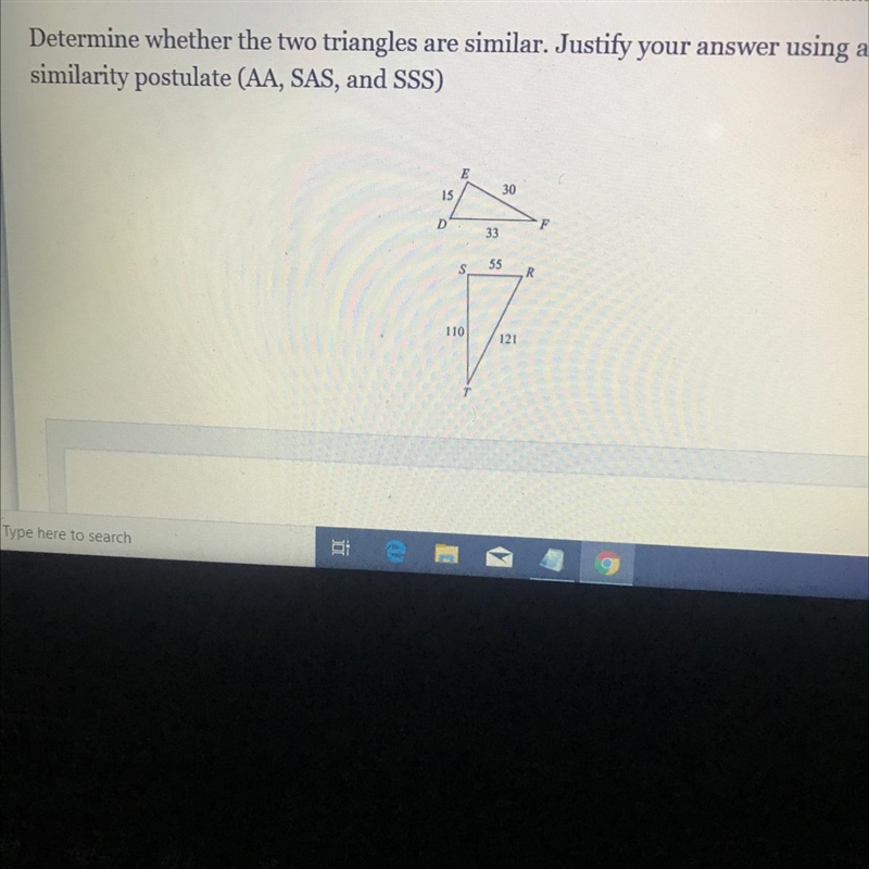 Determine whether the two triangles are similar. Justify your answer using a similarity-example-1