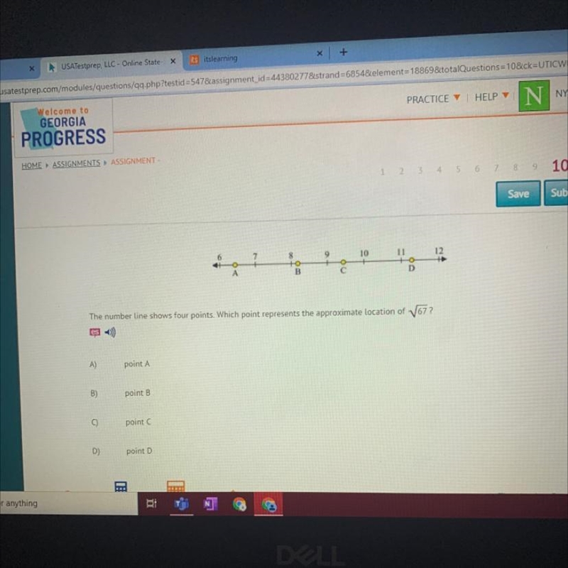 879101112OUABThe number line shows four points. Which point represents the approximate-example-1