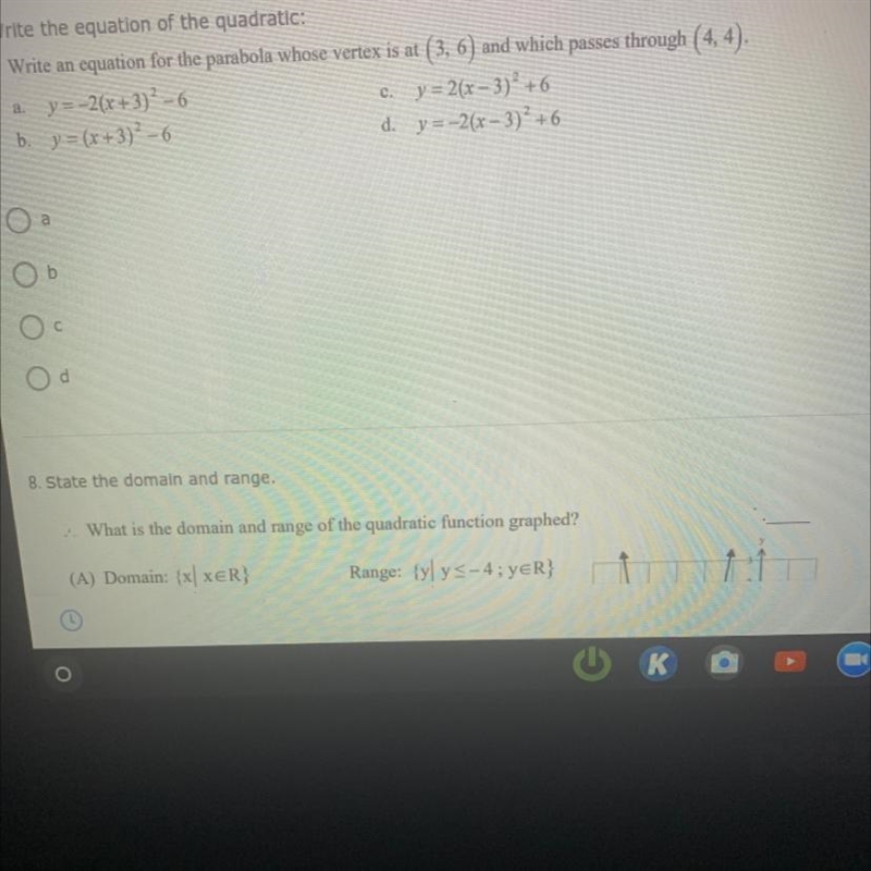 Write an equation for the parabola who’s vertex is at (3,6) and which passes through-example-1