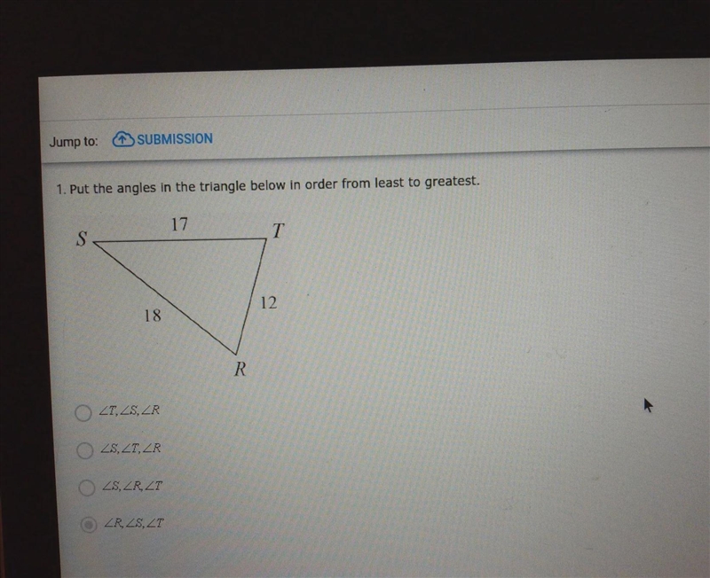 Put the angles in the triangle in order from least to greatest-example-1