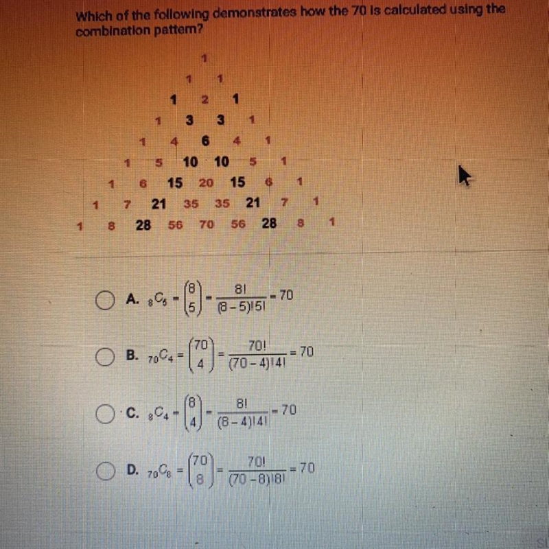 Which of the following demonstrates how the 70 is calculated using the combination-example-1