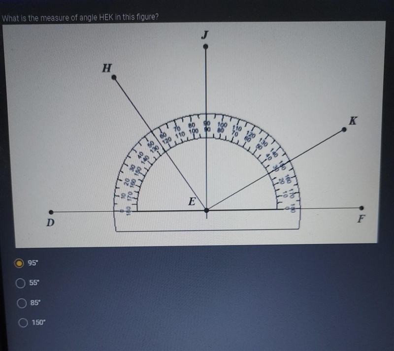 3. What is the measure of angle HEK in this figure? 95 55 85 150​-example-1