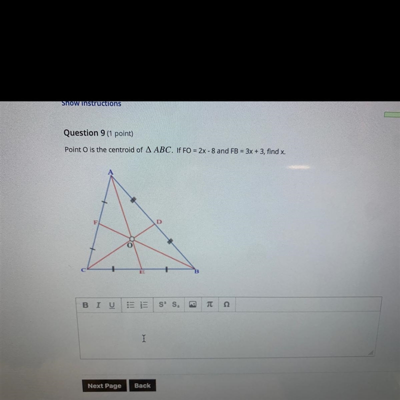 Point O is the centroid of triangle ABC. If FO = 2x -8 and FB = 3x + 3, find x-example-1