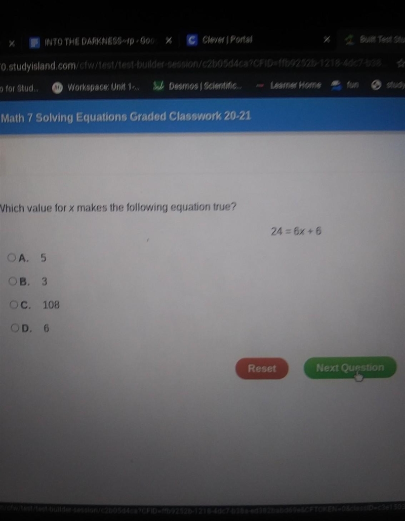 Whick of the following for x makes the following true 24=6x+6-example-1