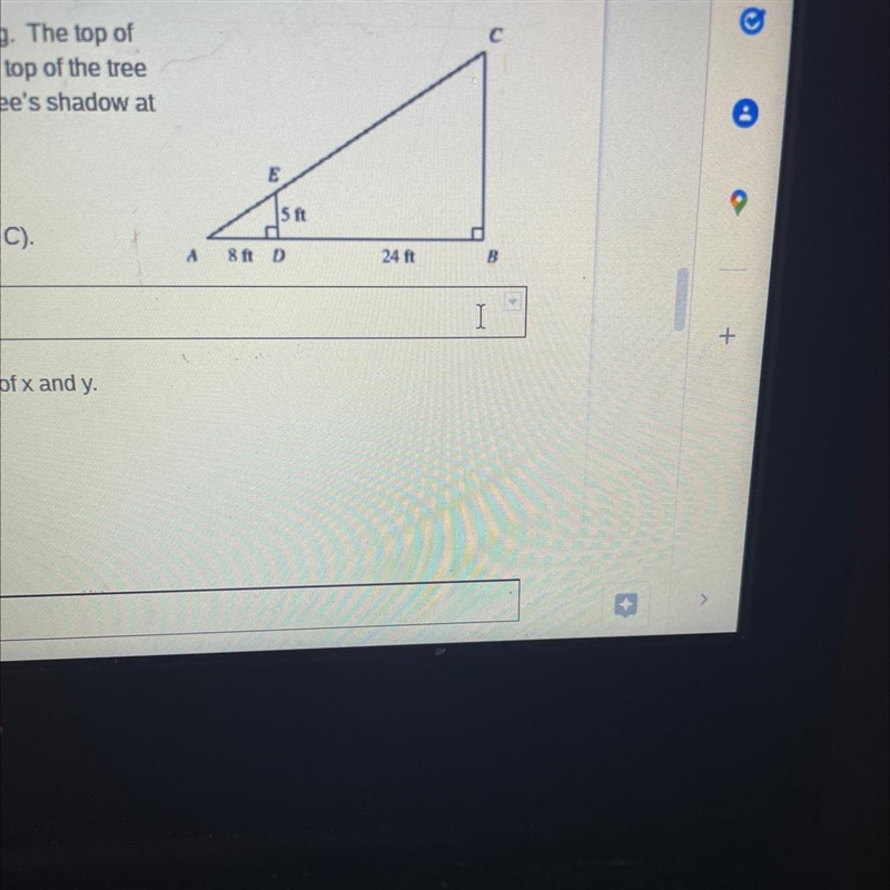 Sue, who is 5 feet tall, is standing at Point D in the drawing. The tip of her head-example-1