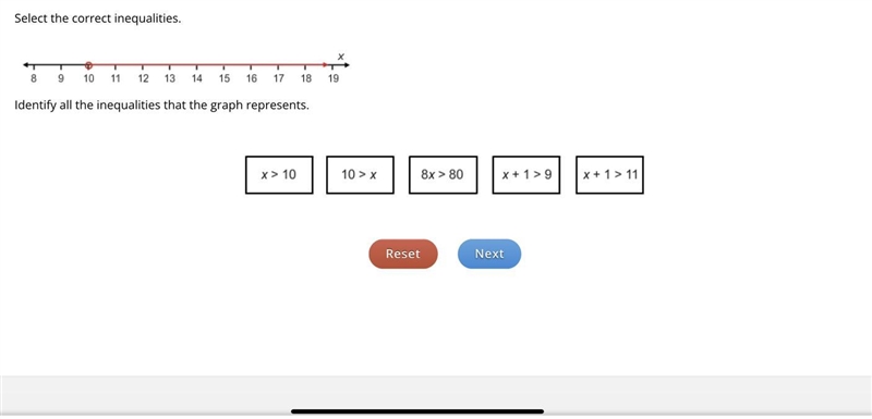 Identify all the inequalities that the graph represents. X>10 10>x 8x>80 x-example-1