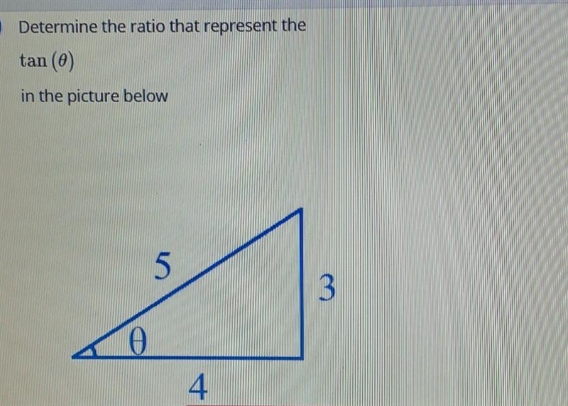 Determine the ratio that represent tan (0) in the picture-example-1