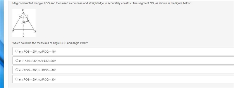 Meg constructed triangle POQ and then used a compass and straightedge to accurately-example-1