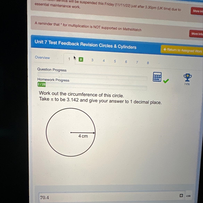 Work out the circumference of this circle. Take pie T to be 3.142 and give your answer-example-1