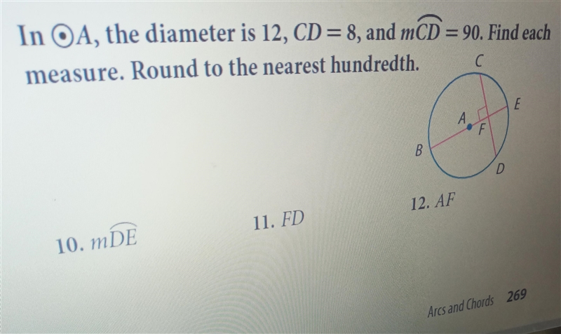 in point a the diameter is 12 C D equals 8 and MCD equals 90 find a measure round-example-1