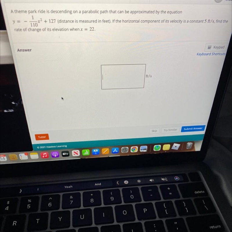 Find the rate of change of its elevation when x= 22-example-1