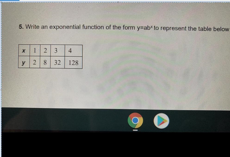 5. Write an exponential function of the form y=ab* to represent the table below.(1,2),(2,8),(3,32),(4,128)-example-1