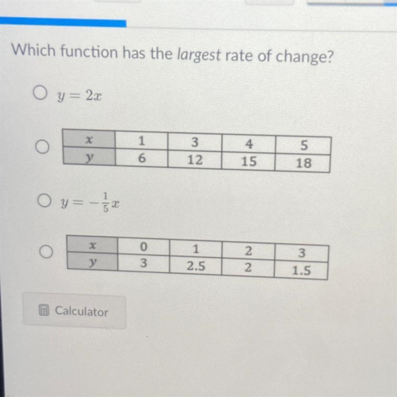 Which function has the largest rate of change? O y= 22 x у 1 6. 3 12 4 15 5 18 Oy-example-1