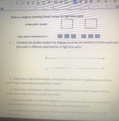 2. How many cups of white paint should Elena mix with 12 tablespoons of bluepaint-example-1