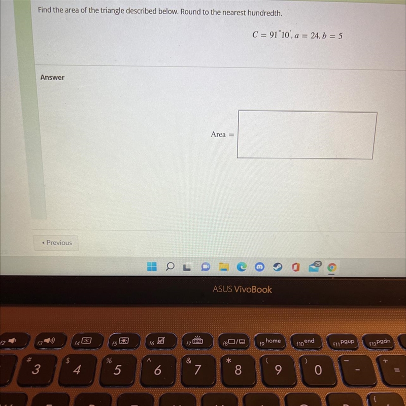 Find the area of the triangle described below. Round to the nearest hundredth.C = 91°10'. a-example-1