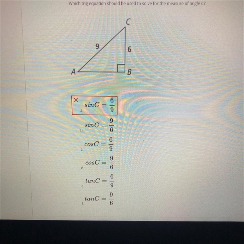 Which trig equation should be used to solve for the measure of angle C?-example-1