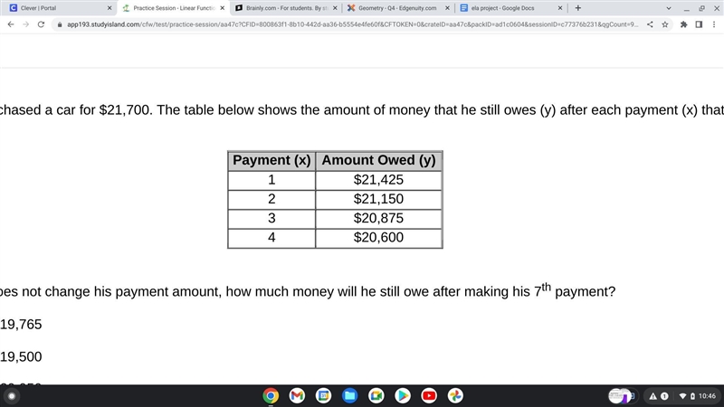 Benny purchased a car for $21,700. The table below shows the amount of money that-example-1