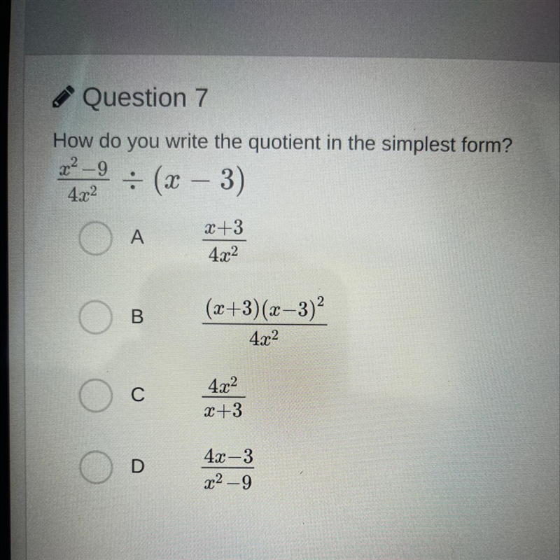 How do you write the quotient in the simplest form? x²-9/ 4x^2 divided by (x-3)-example-1