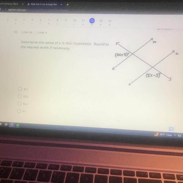 12. Line m Line n Determine the value of x in this illustration. Round to the nearest-example-1