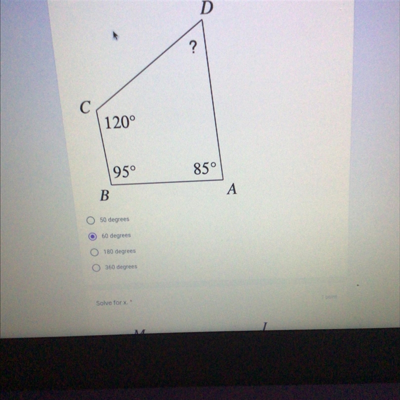 Determine the measure of the missing angle 50 degrees 60 degrees 180 degrees 360 degrees-example-1