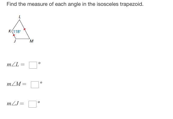 Find the measure of each angle in the isosceles trapezoid.-example-1