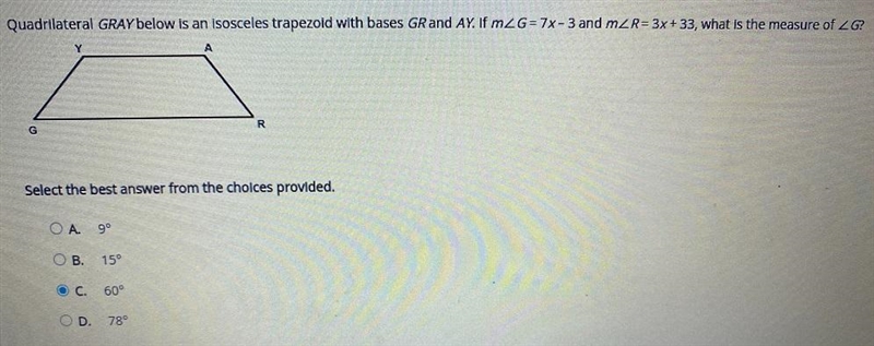 Quadrilateral GRAY is and isosceles trapezoid with bases GR and AY. If m angle G=7x-example-1