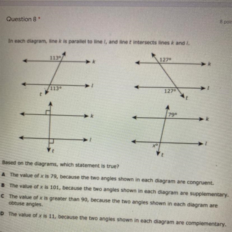 In each diagram, line k is parallel to line l, and line t intersects lines k and l-example-1