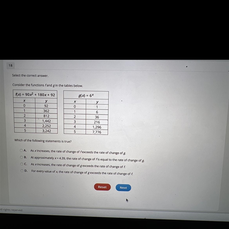 Select the correct answer.Consider the functions f and g in the tables below.Which-example-1