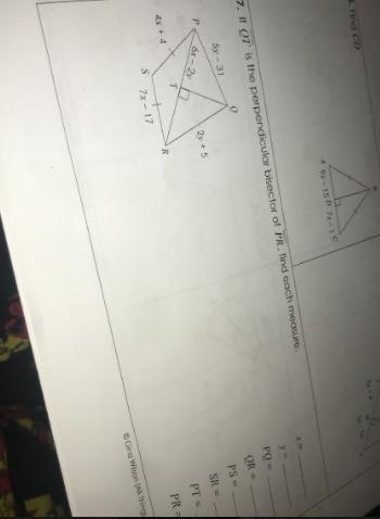 If QT is the perpendicular bisector of PR find each measure geometry perpendicular-example-1