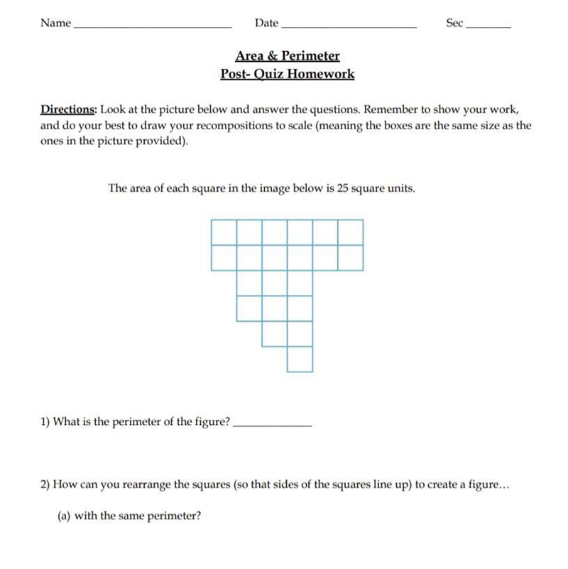 The area of each square in the image below is 25 square units. 1) What is the perimeter-example-1