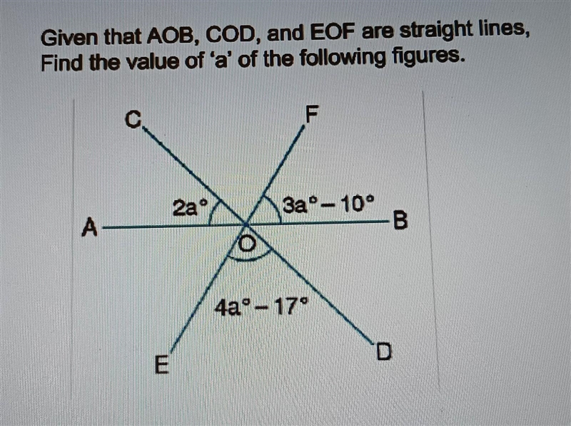 Given that AOB, COD, and EOF are straight lines, Find the value of 'a' of the following-example-1