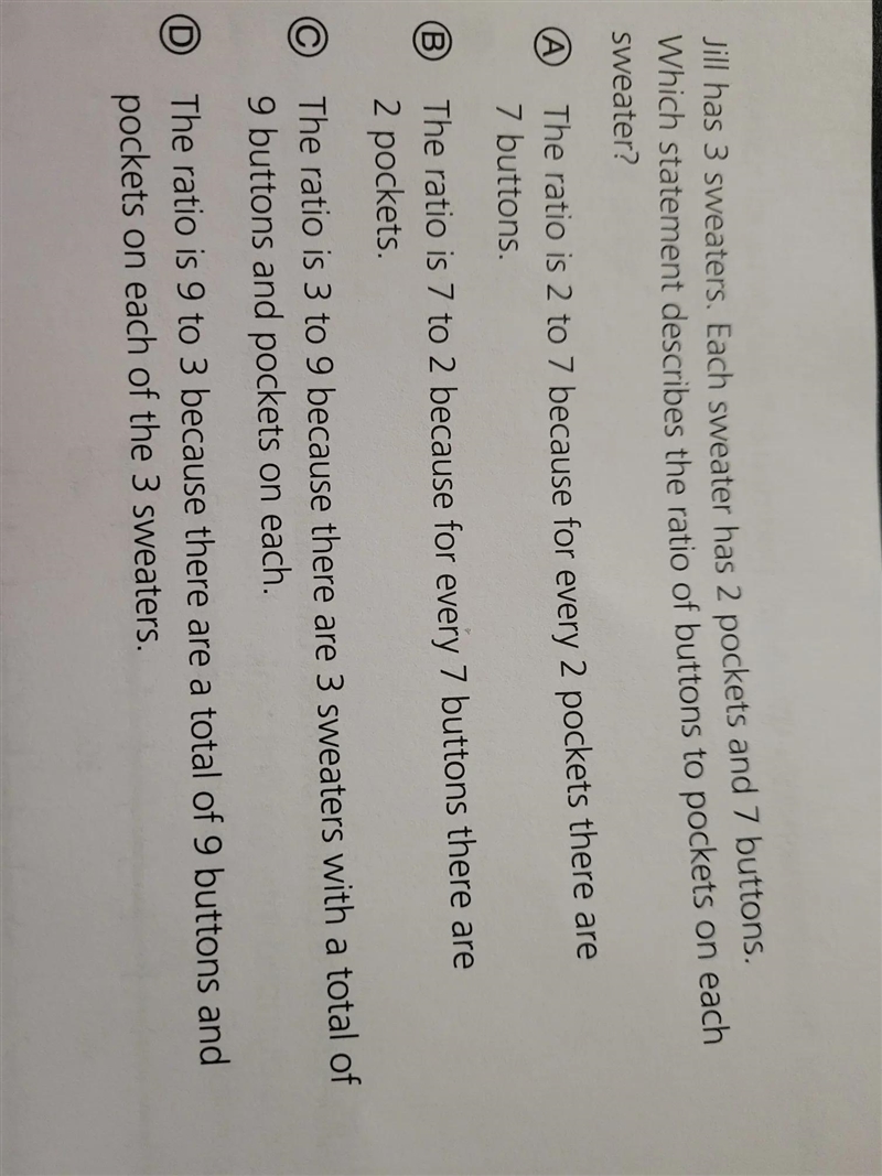 Jill has 3 sweaters. Each sweater has 2 pockets and 7 buttons. Which statement describes-example-1