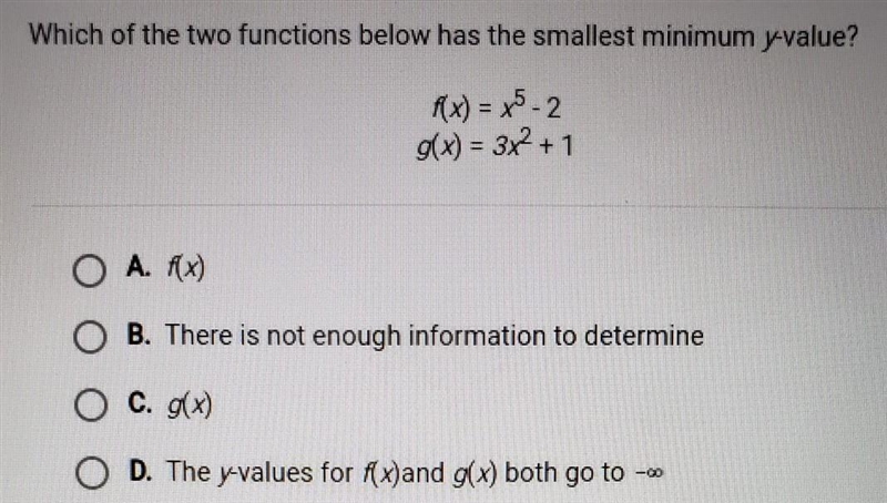 Which of the two functions below has the smallest minimum y-value? f(x) = x5-2 g(x-example-1