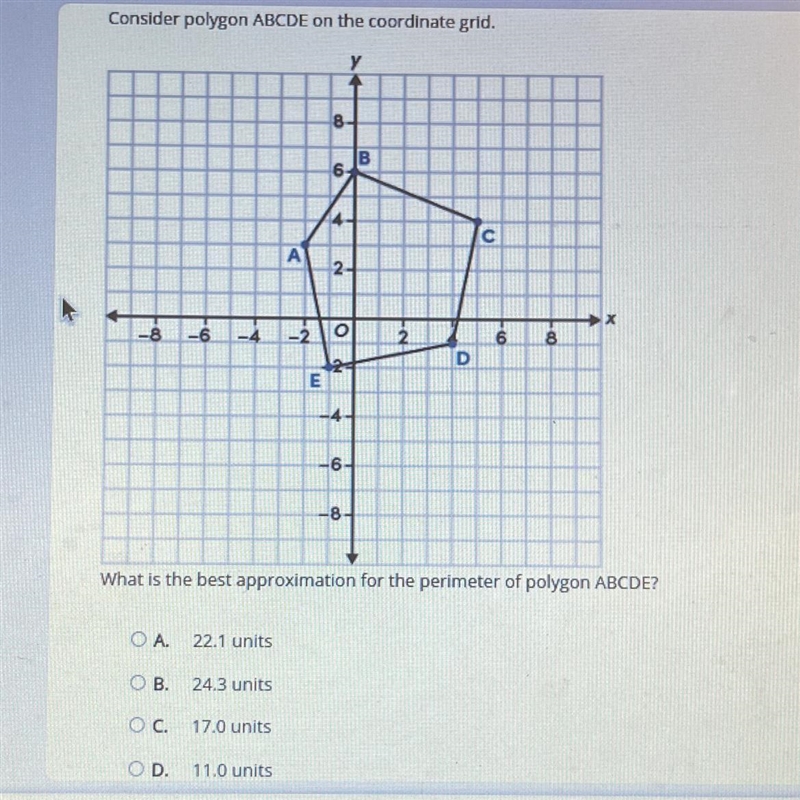 What is the best approximation for the perimeter of polygon ABCDE?-example-1