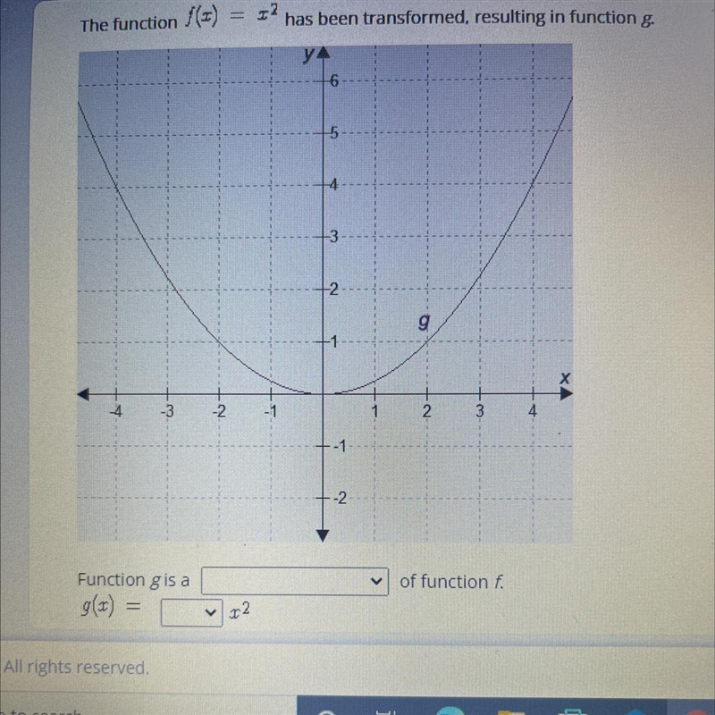 the function f(x) = x^2 has been transformed, resulting in function g.function g is-example-1